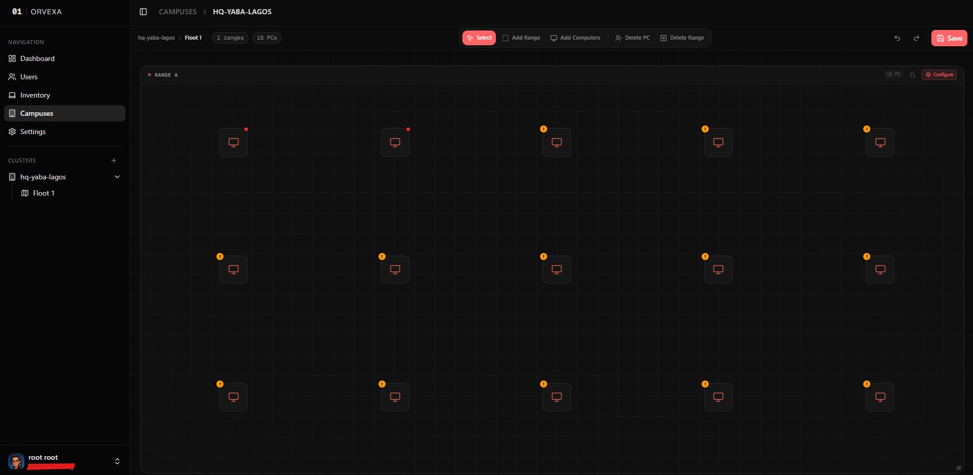 ORVEXA campus map editor showing HQ-Yaba-Lagos cluster with 15 PCs in Range A, grid layout with status indicators